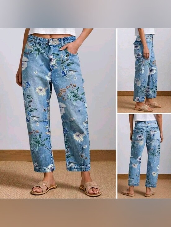 Flamingals Denim - Flamingals Floral Print Barrel Cropped Jeans